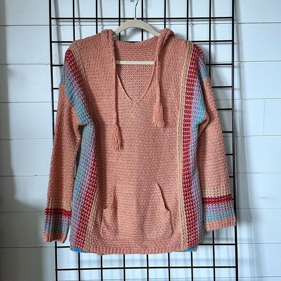 Baja Hooded Knit Summer Sweater Womens M Peach Beach Surf Boho Hippie - Picture 1 of 11